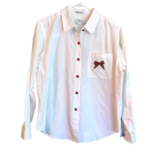 VINTAGE Talbots Petites White Button Up Holiday Festive Bow Blouse Shirt Medium